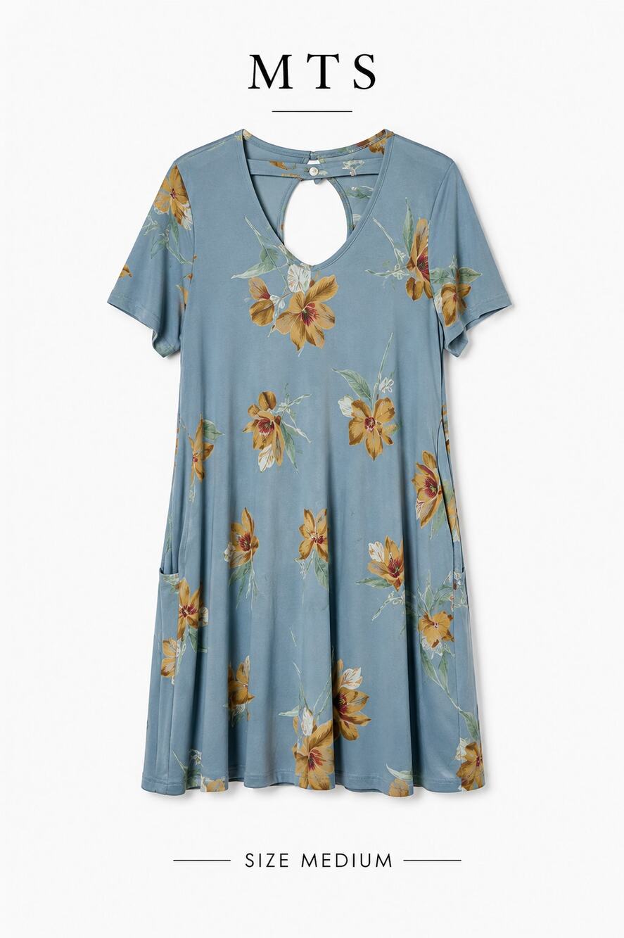 MTS Blue Floral Mini Dress Short Sleeve Pocket Swing Casual Dress Medium